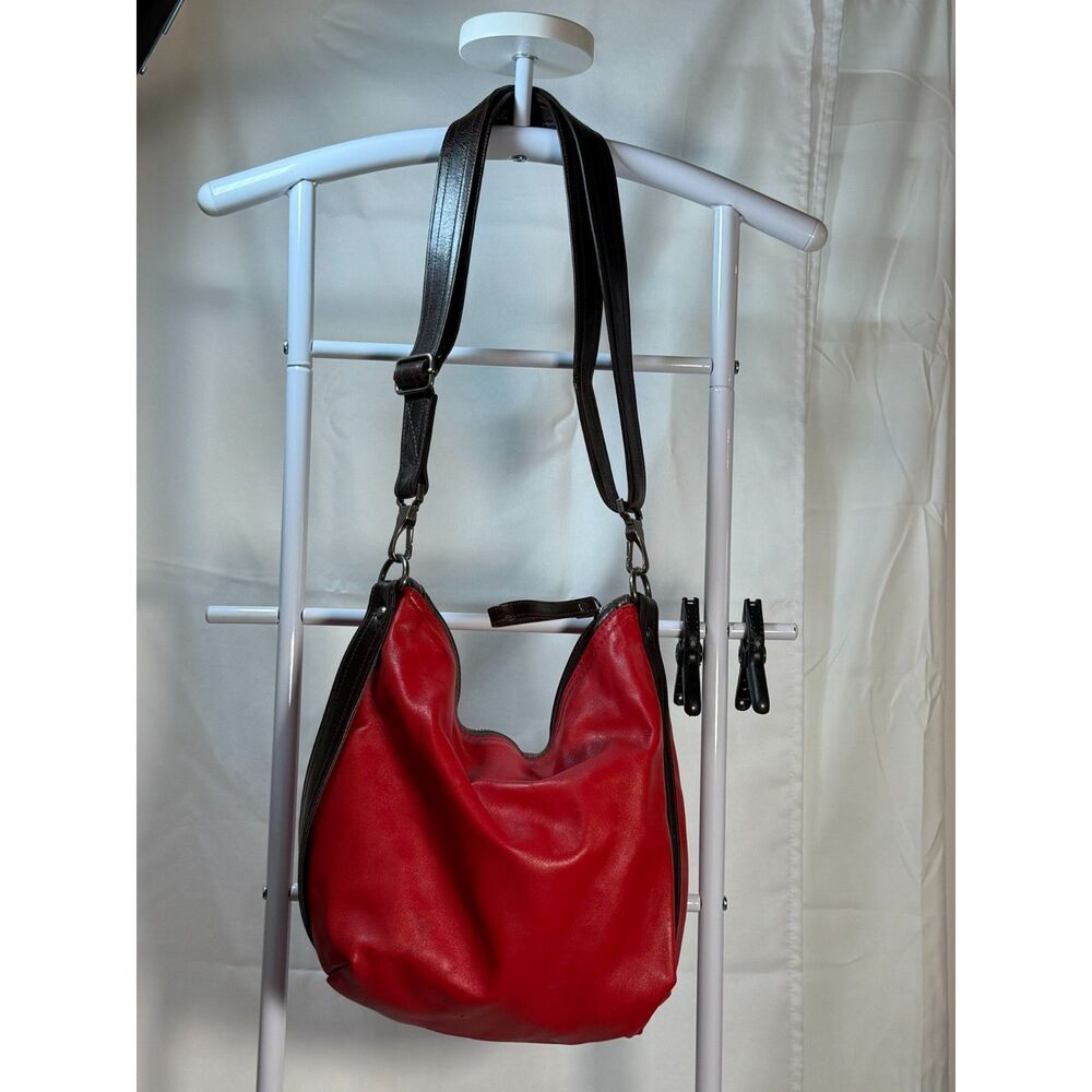 Rough & Tumble Custom Red Lambskin & Dark Brown Leather Hobo Crossbody Bag